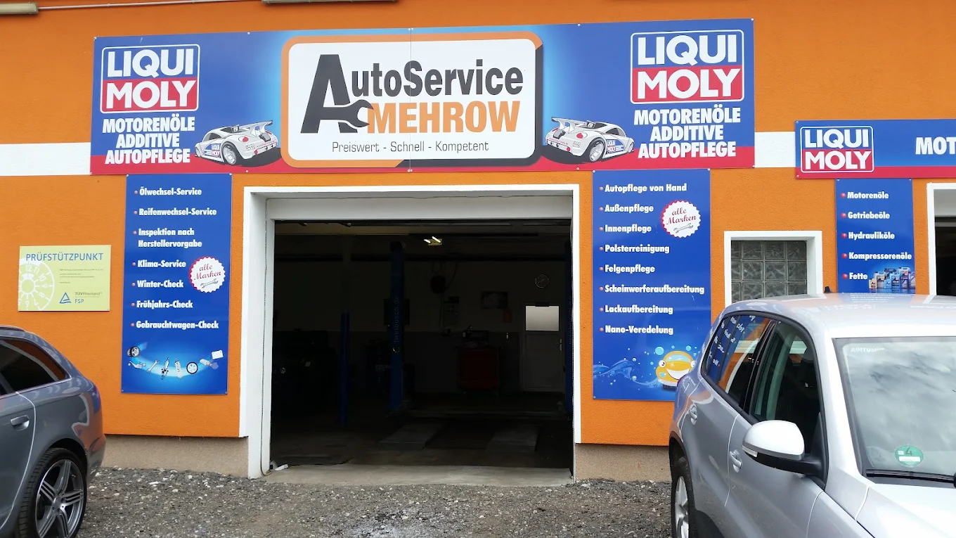 Eingang AutoService Mehrow mit Liqui-Moly-Banner